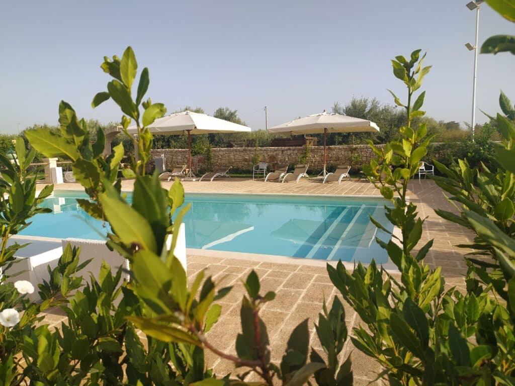 La piscina della masseria vista tra le piante